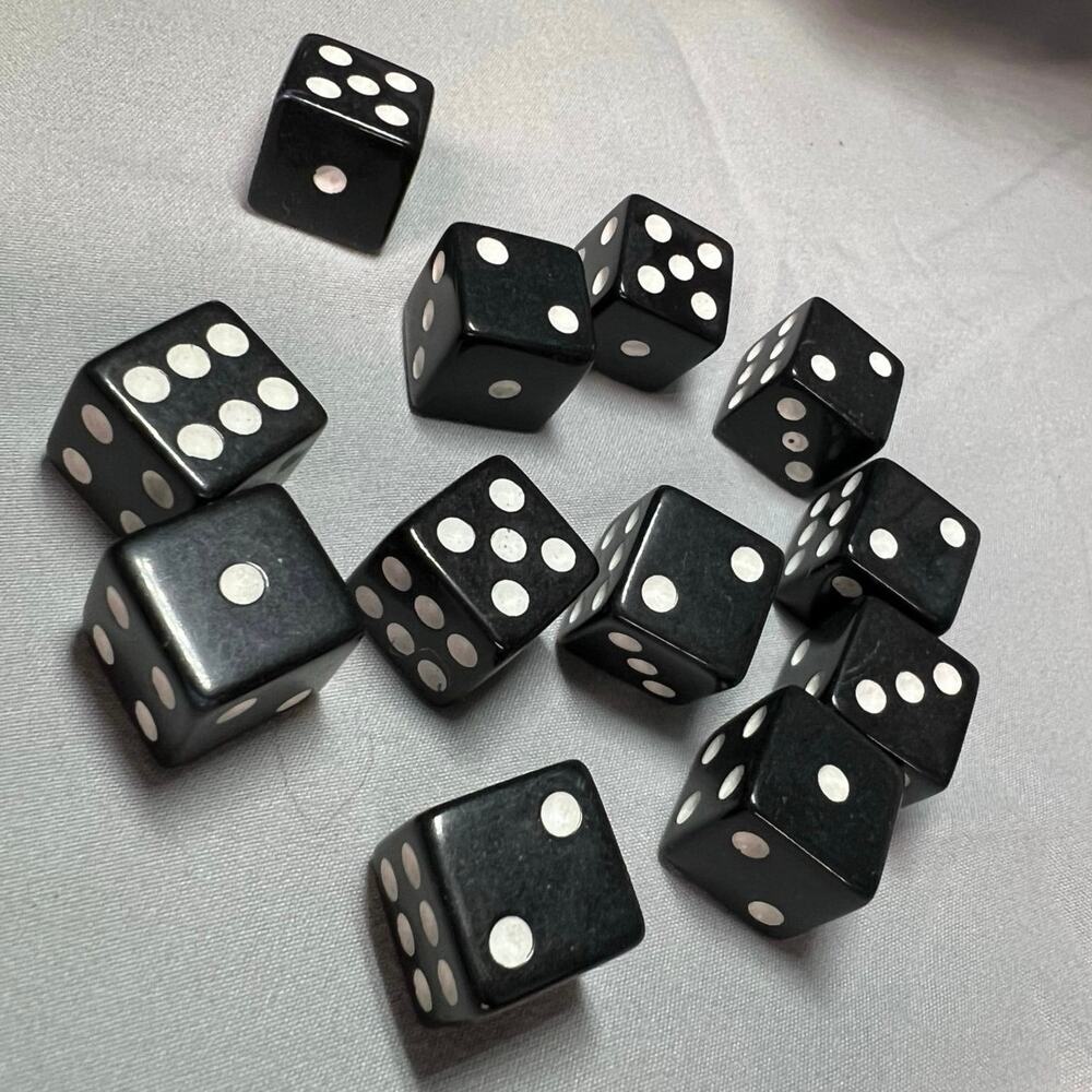 Set of 12 Black Dice, White Pips - Dice 16mm Standard Game Dice